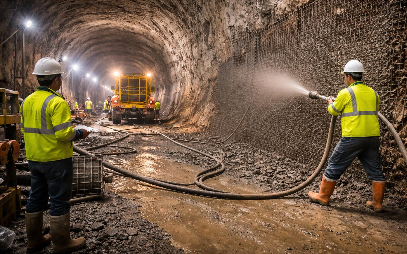 Shotcrete for tunnel construction with high-strength concrete spraying for underground repair and structural support
