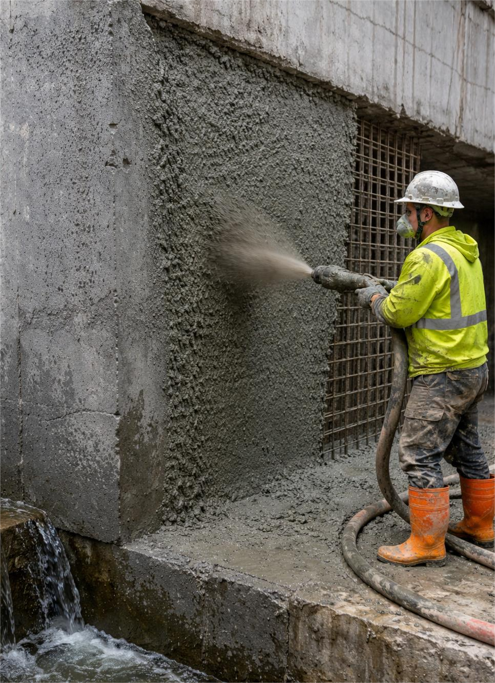 Shotcrete waterproofing on concrete wall preventing water leakage and improving structural strength