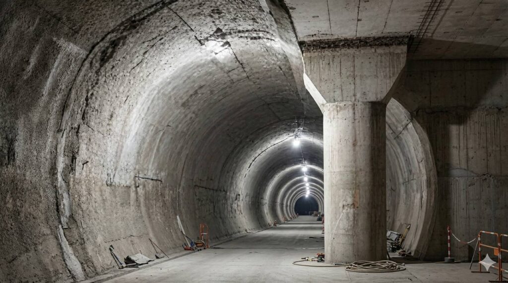 Shotcreting for tunnel construction with high-strength concrete spraying for underground structural repair and reinforcement