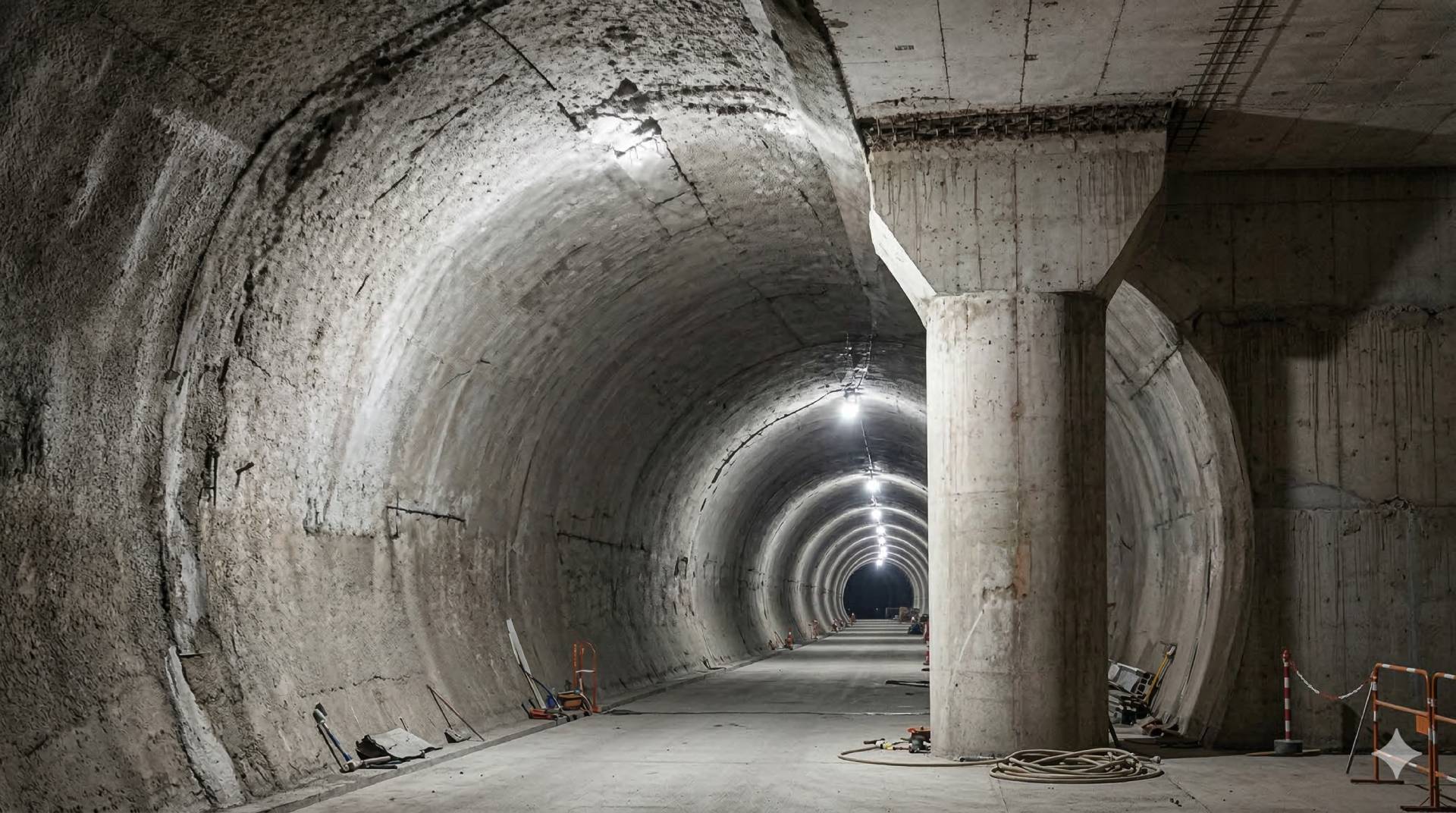Shotcreting for tunnel construction with high-strength concrete spraying for underground structural repair and reinforcement