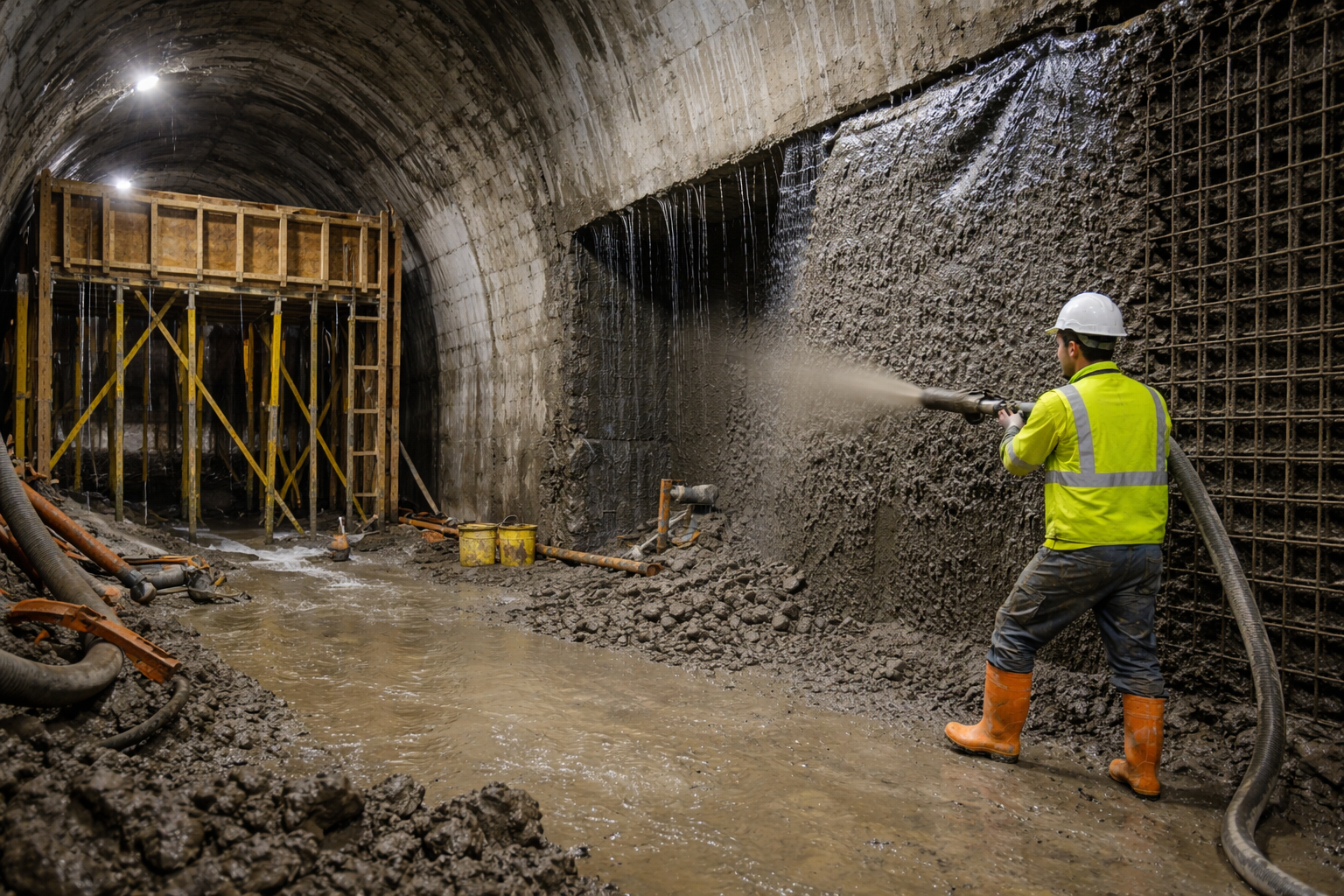Shotcrete application for underground structures repair with high-strength concrete spraying in tunnel construction.