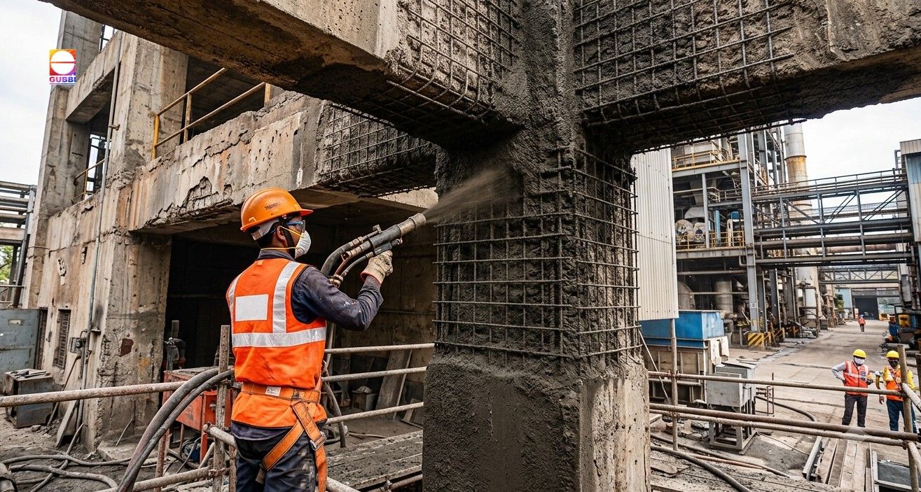 Shotcreting services improving structural strength of a deteriorated reinforced concrete beam during rehabilitation