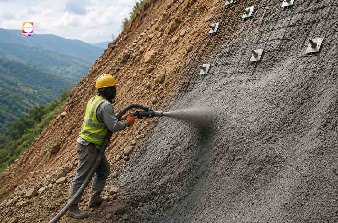 Step-by-step slope stabilization using Shotcreting Services with reinforced shotcrete application on a hillside to prevent erosion and improve structural stability.